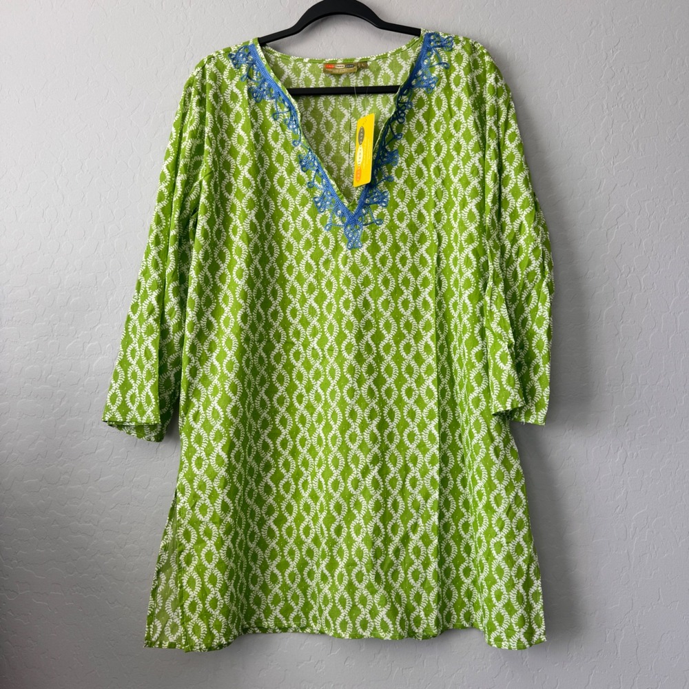 NWT rockflowerpaper Large Kurta Tunic Green Long Sleeve Embroidered VNeck Cotton